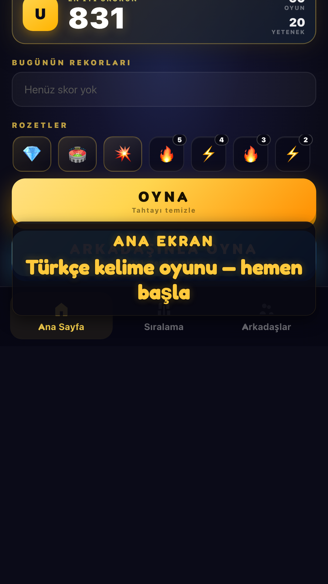 YazYaz ana ekran — Türkçe kelime oyunu