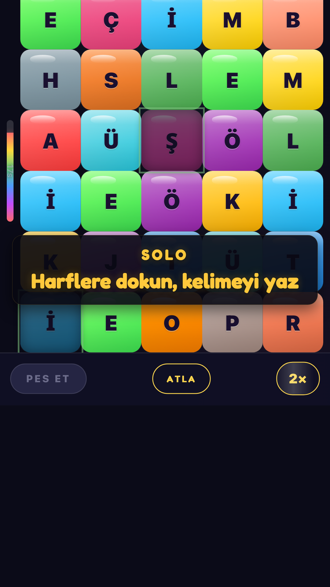YazYaz solo mod — harflere dokun kelimeyi yaz